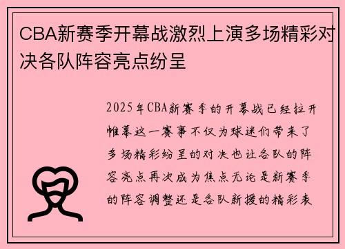 CBA新赛季开幕战激烈上演多场精彩对决各队阵容亮点纷呈